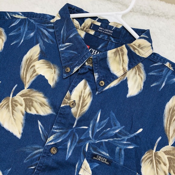 VTG Chaps Ralph Lauren Hawaiian Shirt Mens LARGE Navy Blue Tan Floral Aloha Camp - Picture 1 of 11